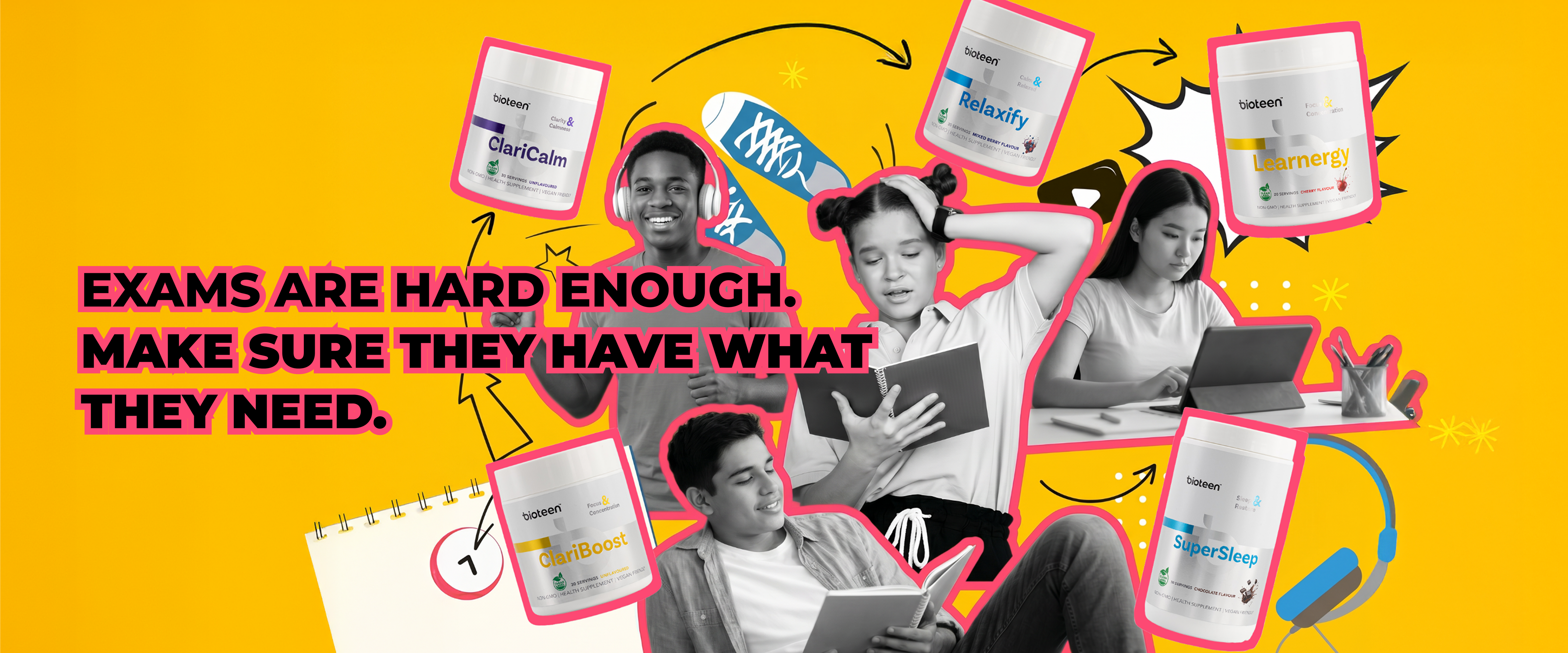 Teen students preparing for exams with nutritional support Bioteen products designed for focus, calm routines, energy, and better rest during study periods.
