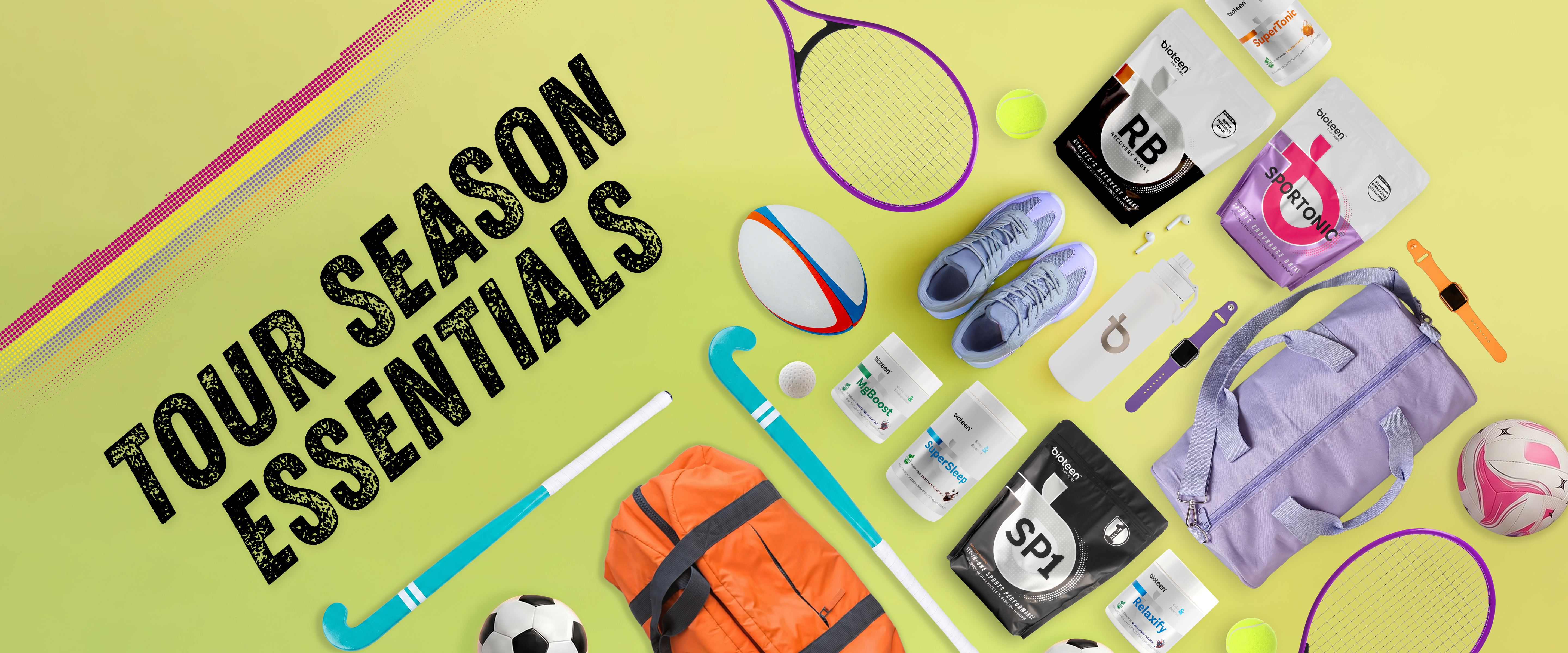 Green flat lay of multiple Bioteen supplements together with sports essentials with Copy TOUR SEASON ESSENTIALS Desktop